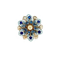 Blue Crystal Faux Pearl Flower Brooch Celluloid Gold Tone Unsigned Vintage