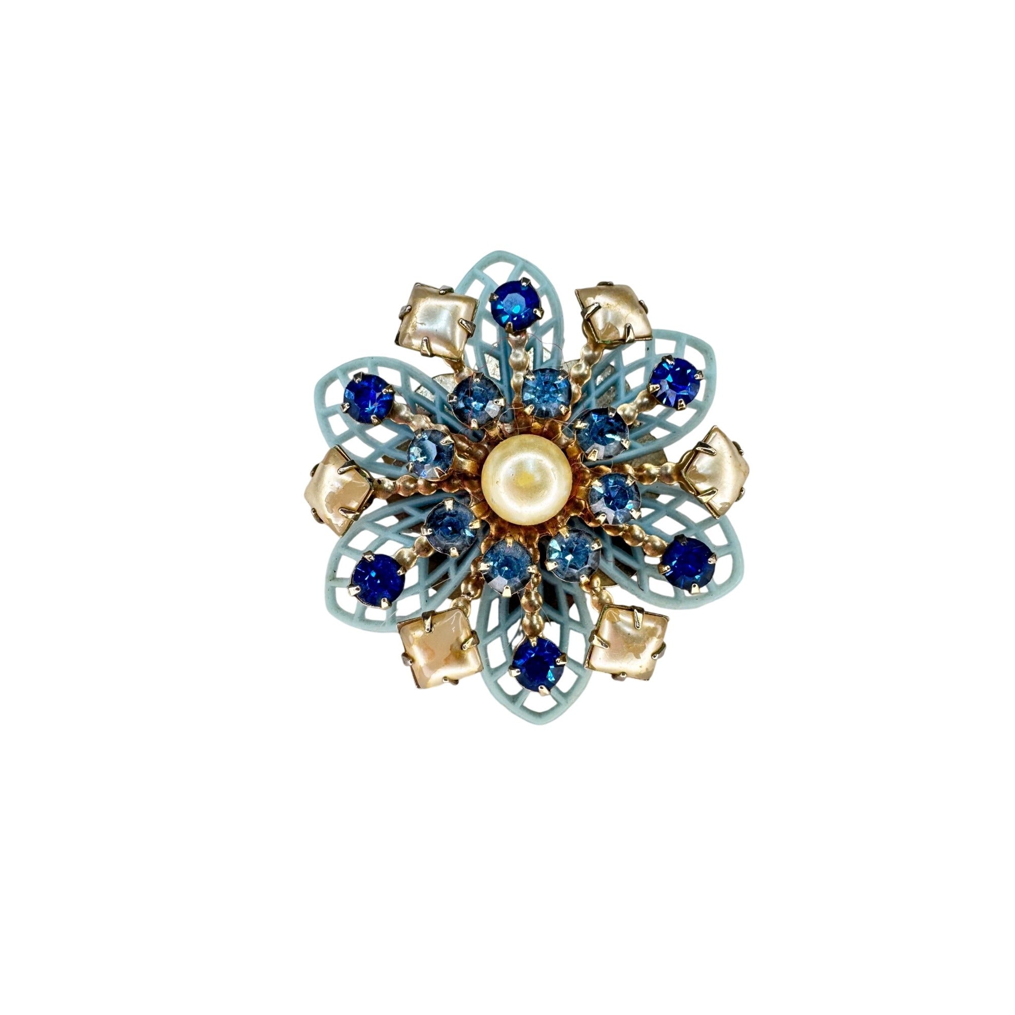 Blue Crystal Faux Pearl Flower Brooch Celluloid Gold Tone Unsigned Vintage