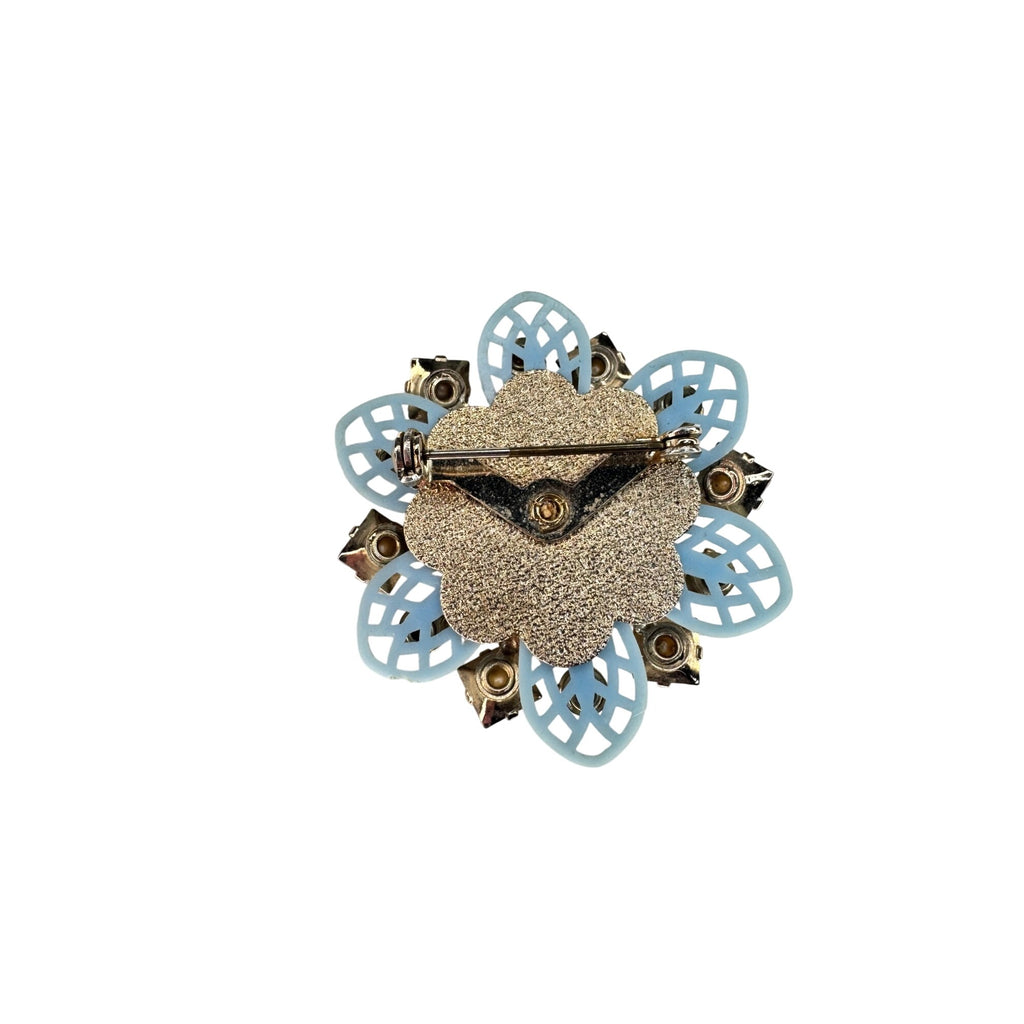 Blue Crystal Faux Pearl Flower Brooch Celluloid Gold Tone Unsigned Vintage