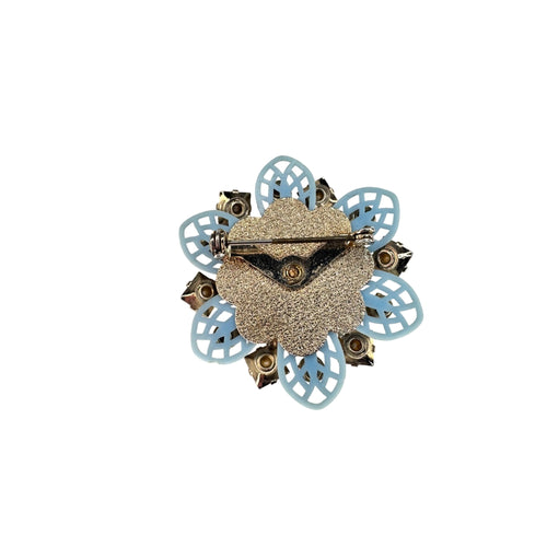 Blue Crystal Faux Pearl Flower Brooch Celluloid Gold Tone Unsigned Vintage
