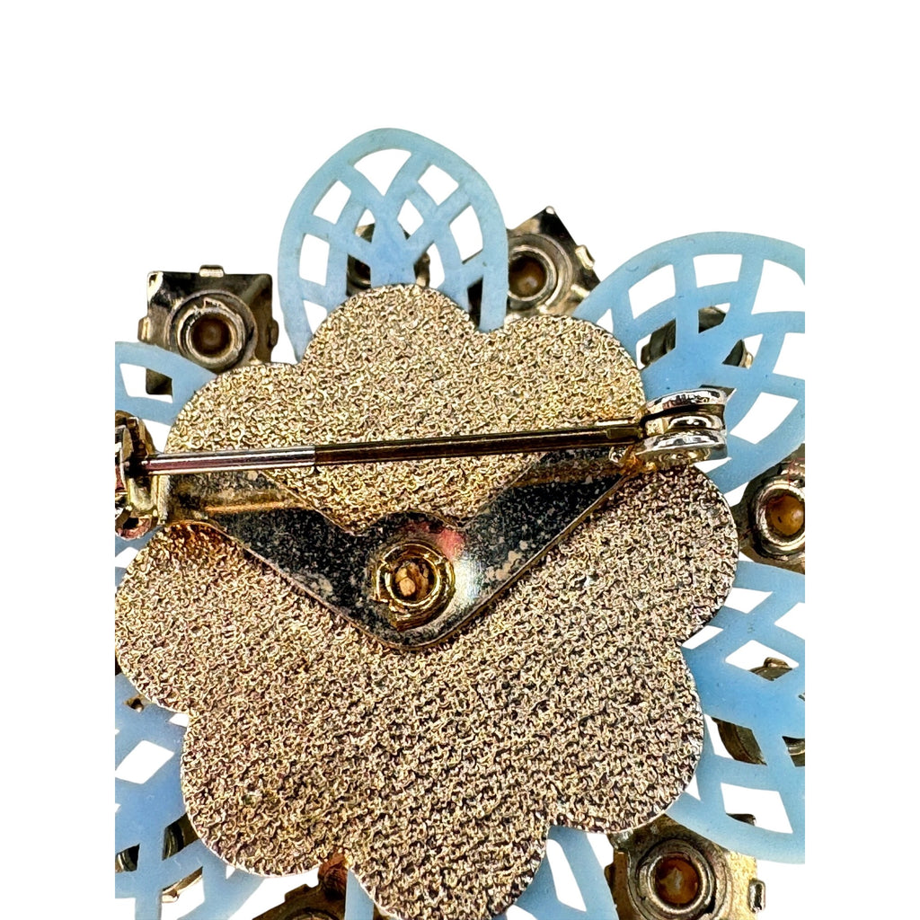 Blue Crystal Faux Pearl Flower Brooch Celluloid Gold Tone Unsigned Vintage