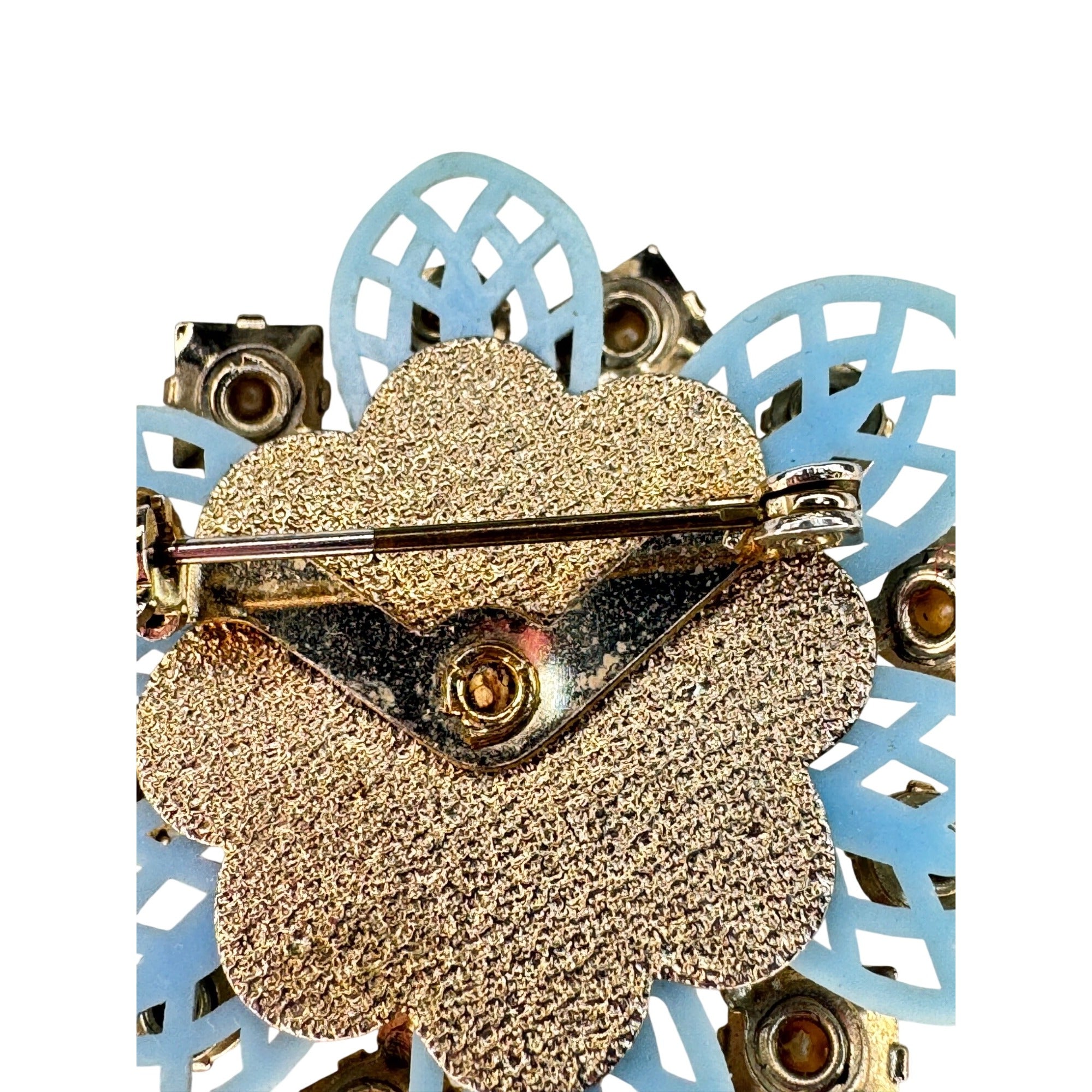 Blue Crystal Faux Pearl Flower Brooch Celluloid Gold Tone Unsigned Vintage