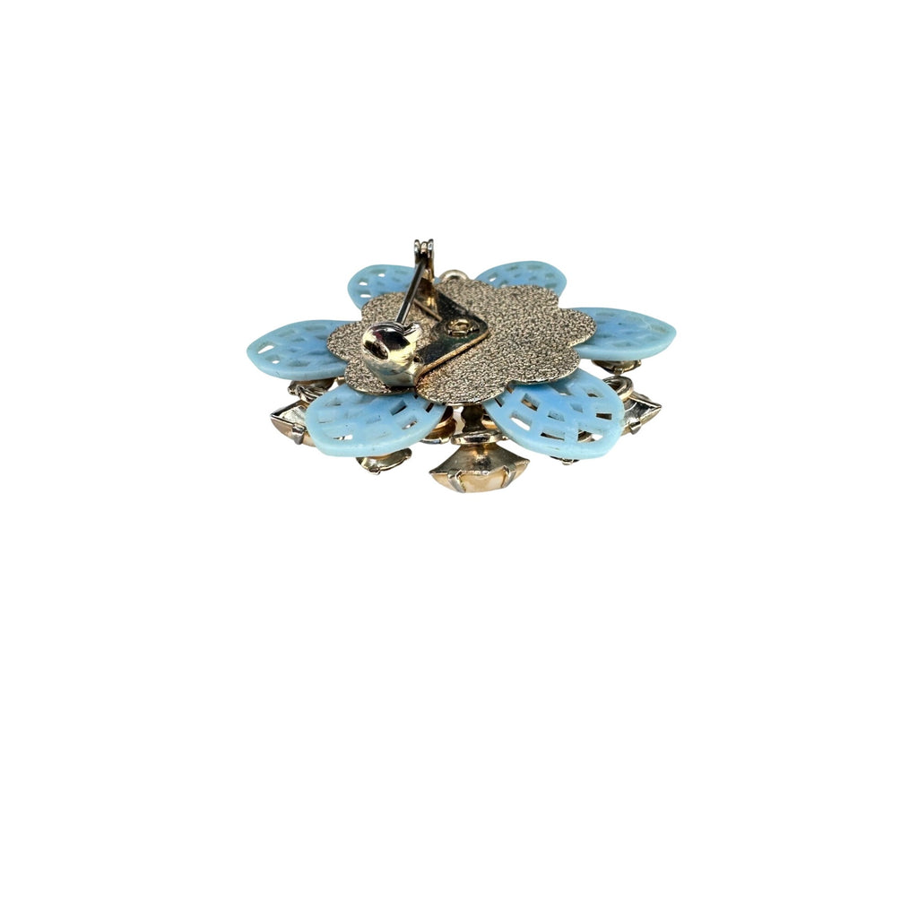 Blue Crystal Faux Pearl Flower Brooch Celluloid Gold Tone Unsigned Vintage