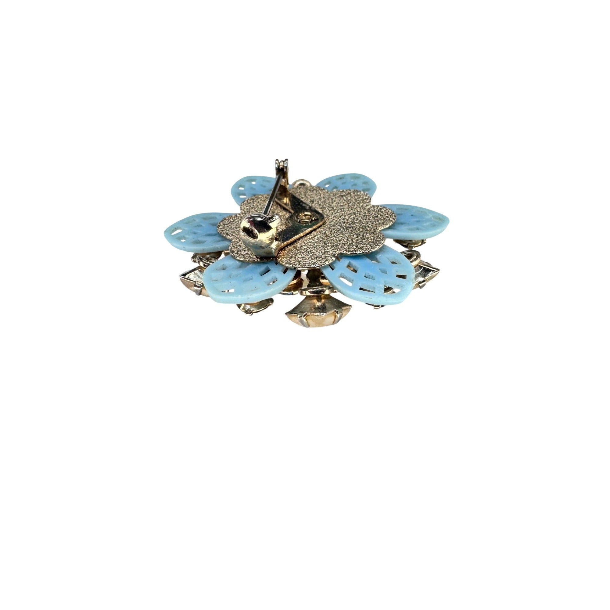 Blue Crystal Faux Pearl Flower Brooch Celluloid Gold Tone Unsigned Vintage
