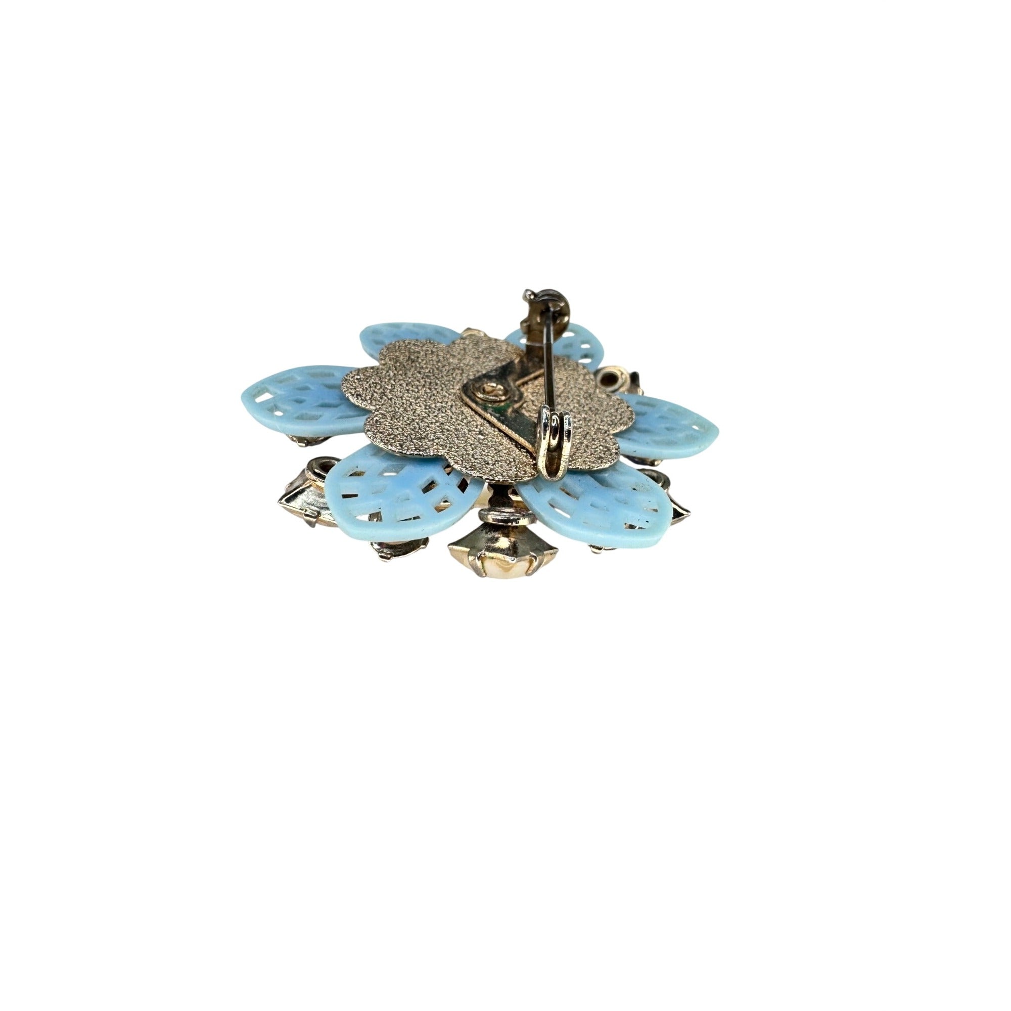 Blue Crystal Faux Pearl Flower Brooch Celluloid Gold Tone Unsigned Vintage