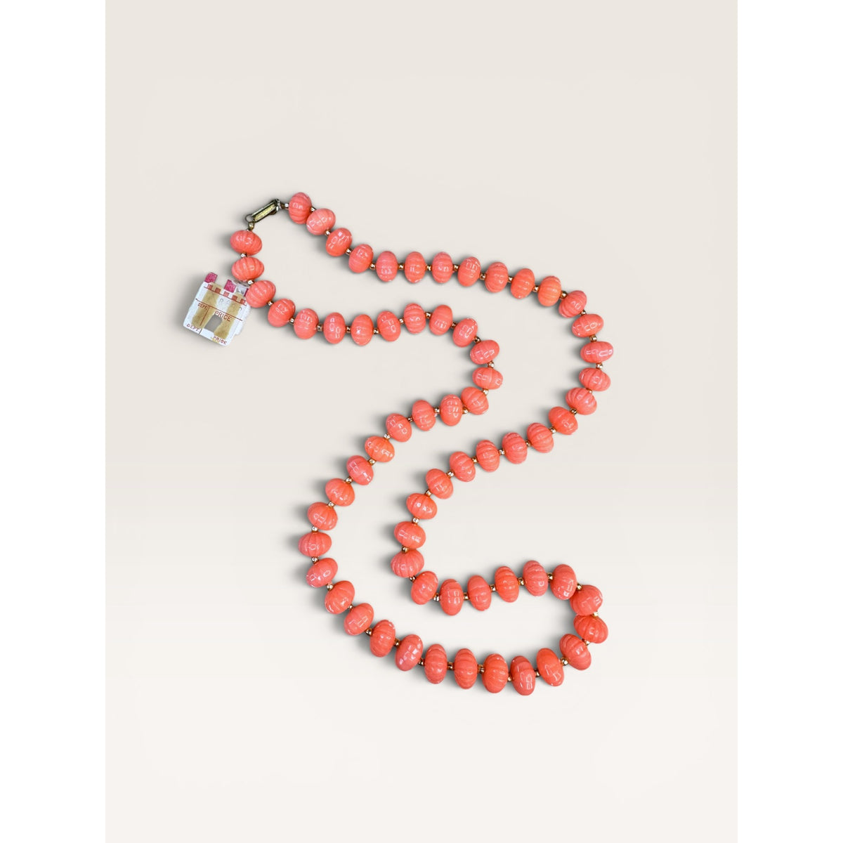 1960s Coral Pink Plastic Fluted Bead Single Strand Necklace 24" Vintage