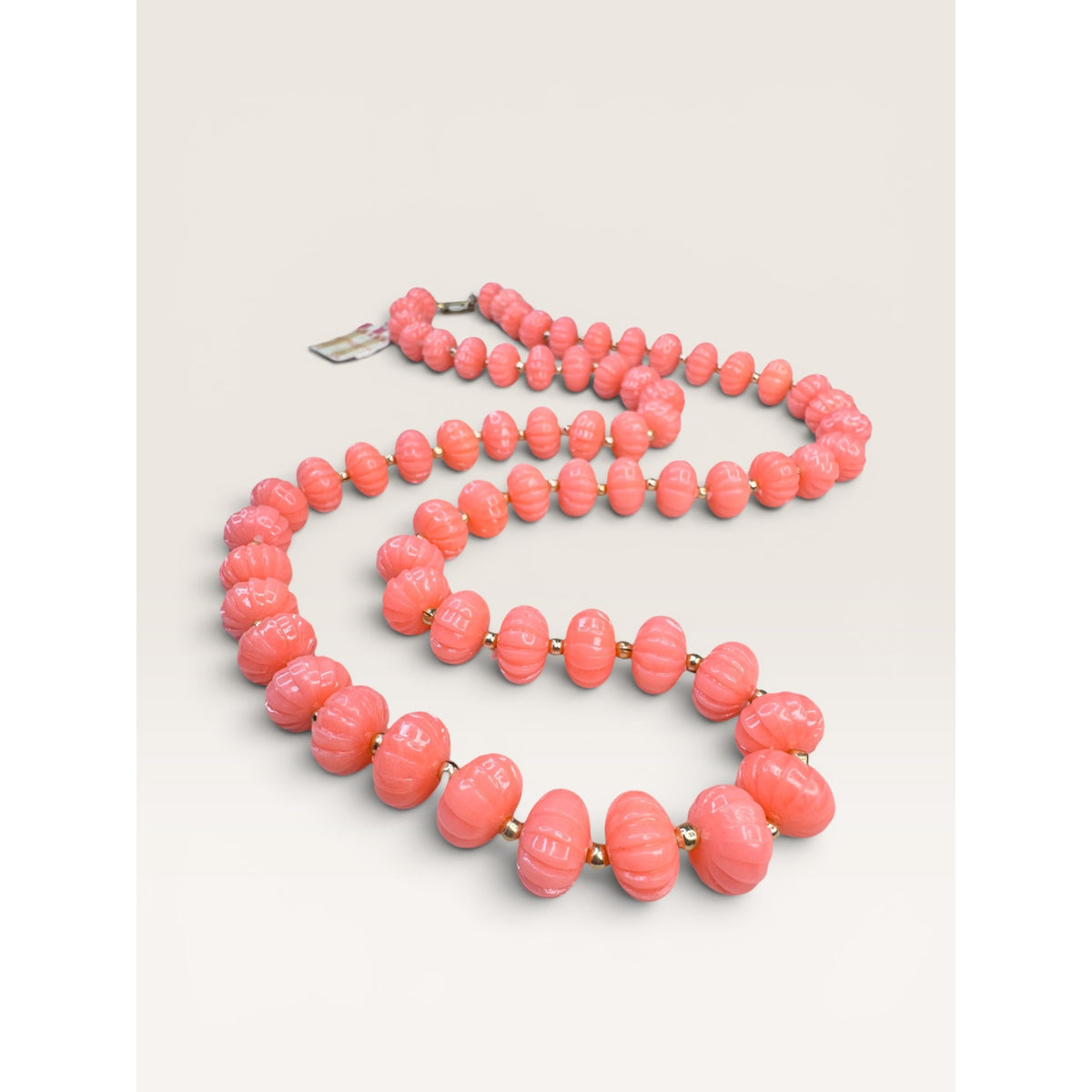1960s Coral Pink Plastic Fluted Bead Single Strand Necklace 24" Vintage