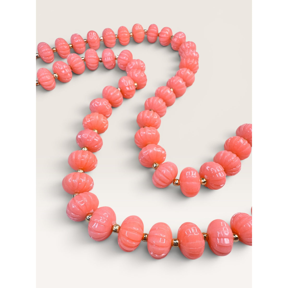 1960s Coral Pink Plastic Fluted Bead Single Strand Necklace 24" Vintage