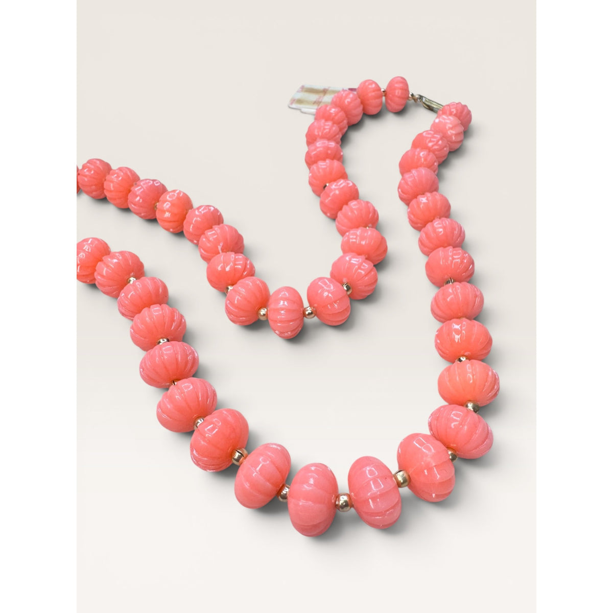 1960s Coral Pink Plastic Fluted Bead Single Strand Necklace 24" Vintage