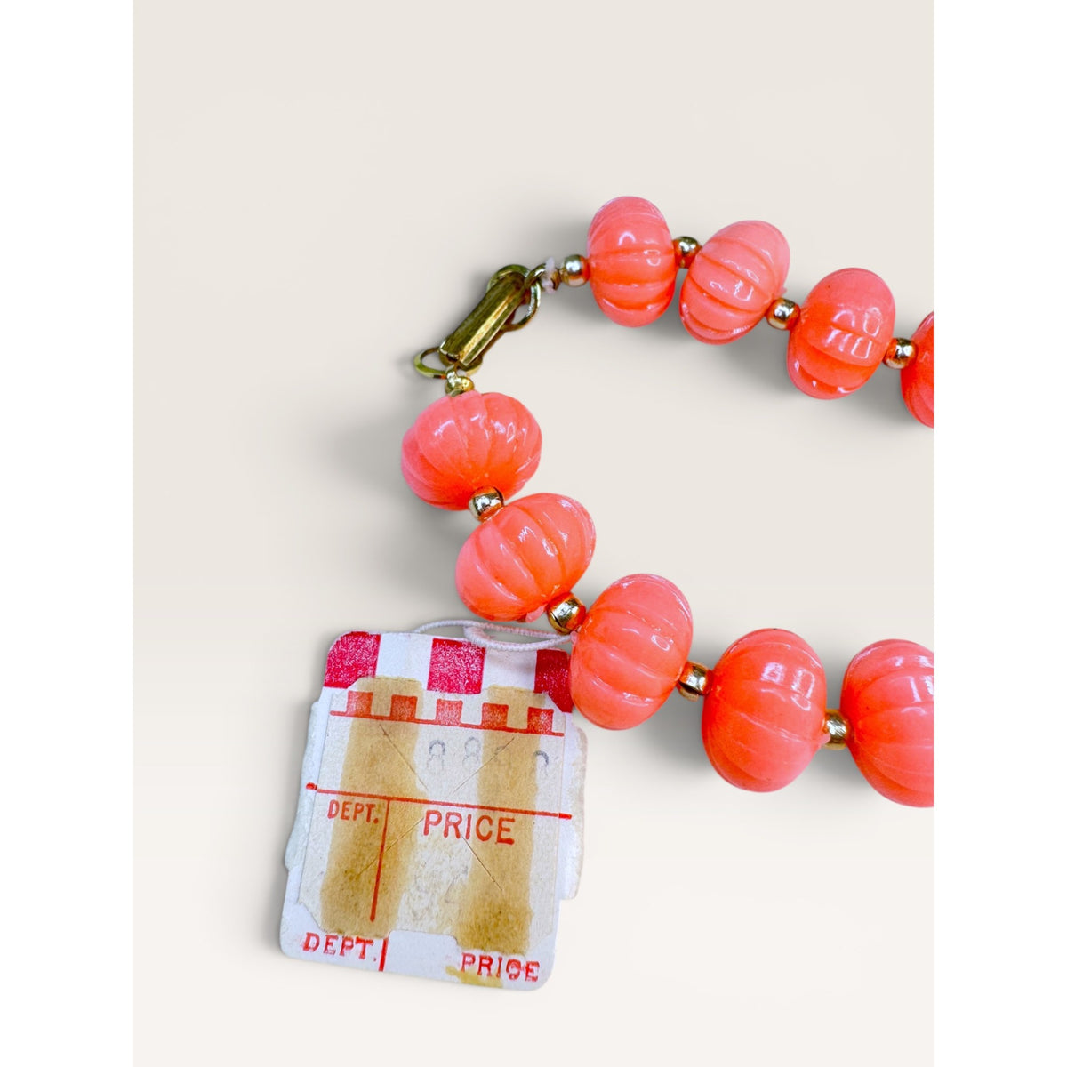 1960s Coral Pink Plastic Fluted Bead Single Strand Necklace 24" Vintage