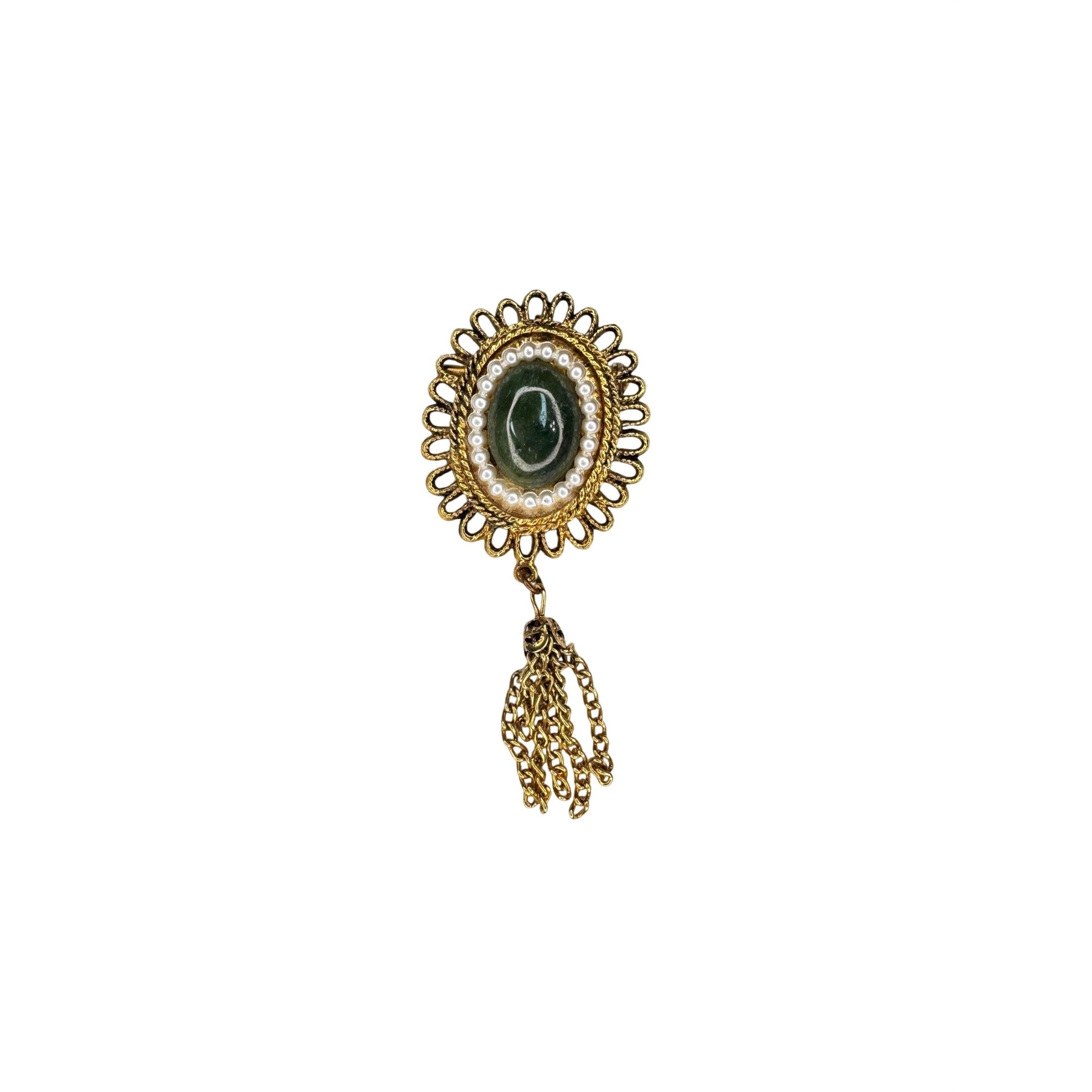 Jade Cabochon Tassel Brooch Gold Tone Faux Pearl Halo Dangle 1970s Vintage