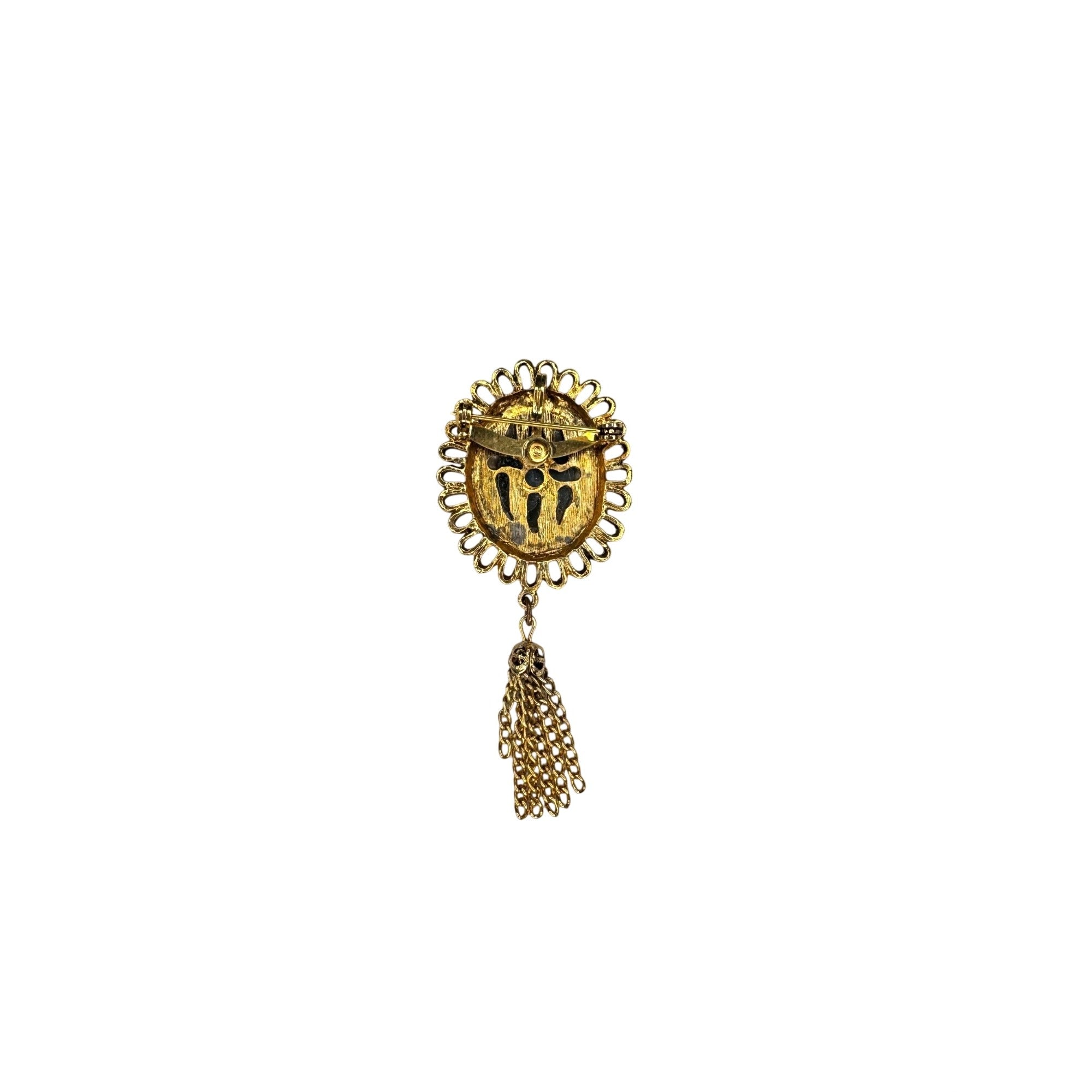 Jade Cabochon Tassel Brooch Gold Tone Faux Pearl Halo Dangle 1970s Vintage