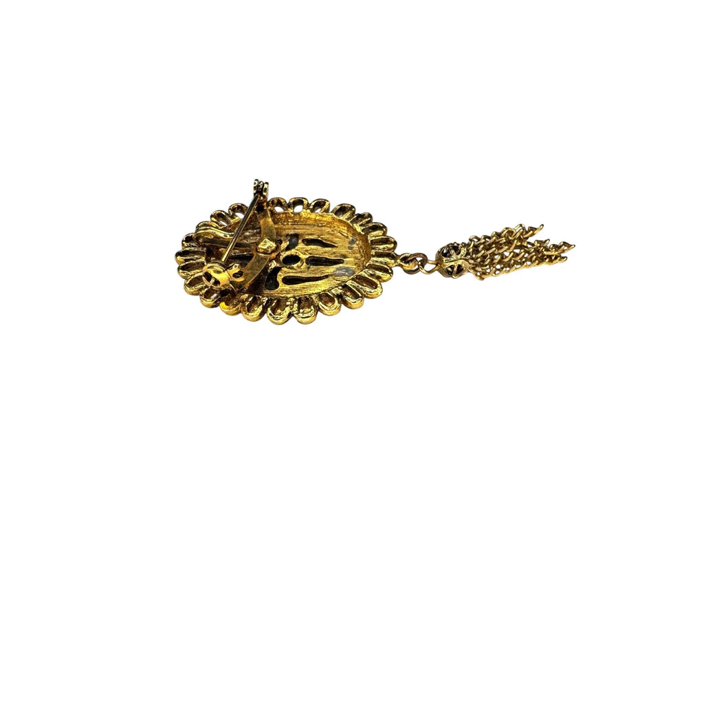 Jade Cabochon Tassel Brooch Gold Tone Faux Pearl Halo Dangle 1970s Vintage