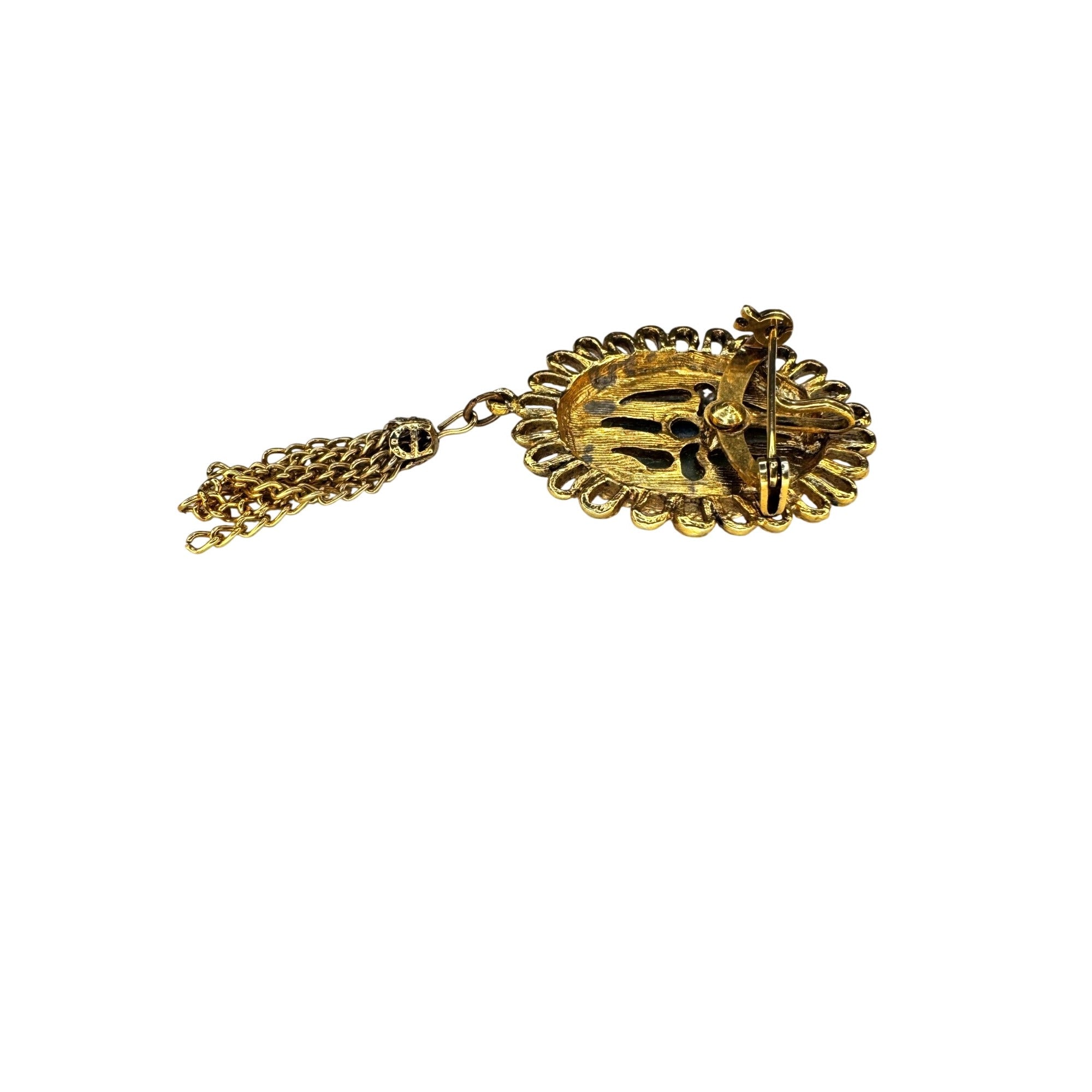 Jade Cabochon Tassel Brooch Gold Tone Faux Pearl Halo Dangle 1970s Vintage