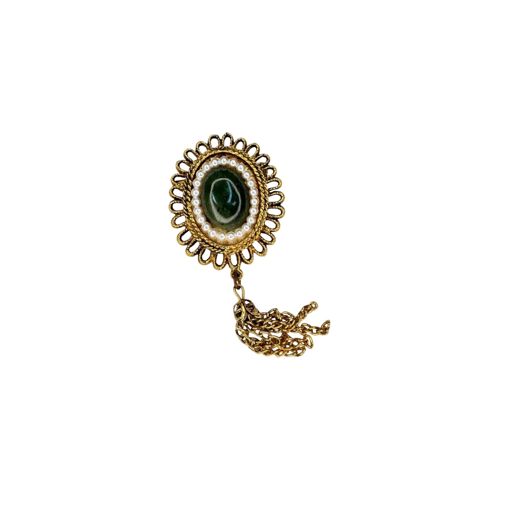 Jade Cabochon Tassel Brooch Gold Tone Faux Pearl Halo Dangle 1970s Vintage