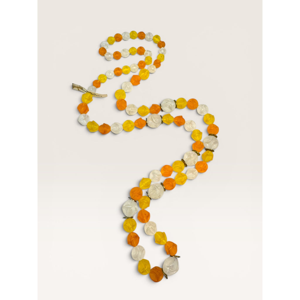 1960s Western Germany Yellow Orange Clear Plastic Bead Strand Necklace 35"