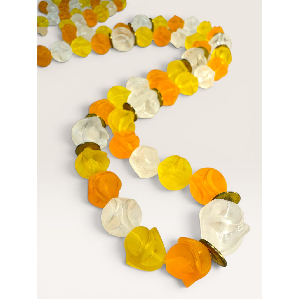1960s Western Germany Yellow Orange Clear Plastic Bead Strand Necklace 35"