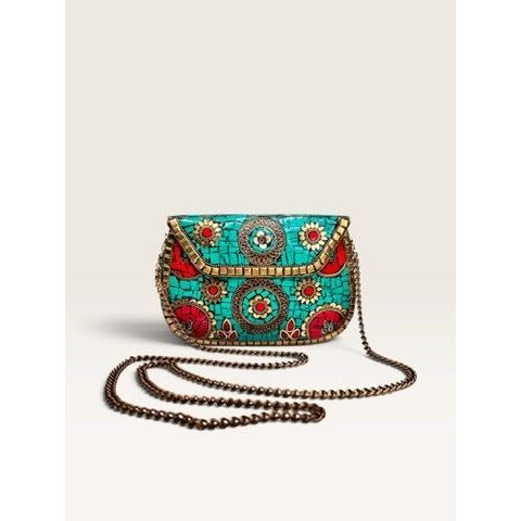 Antik Kraft Amoli Mosaic Stone Metal Clutch Crossbody Bag Turquoise Red Gold Good