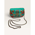 Antik Kraft Amoli Mosaic Stone Metal Clutch Crossbody Bag Turquoise Red Gold Good