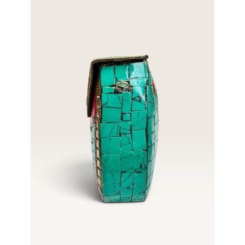 Antik Kraft Amoli Mosaic Stone Metal Clutch Crossbody Bag Turquoise Red Gold Good