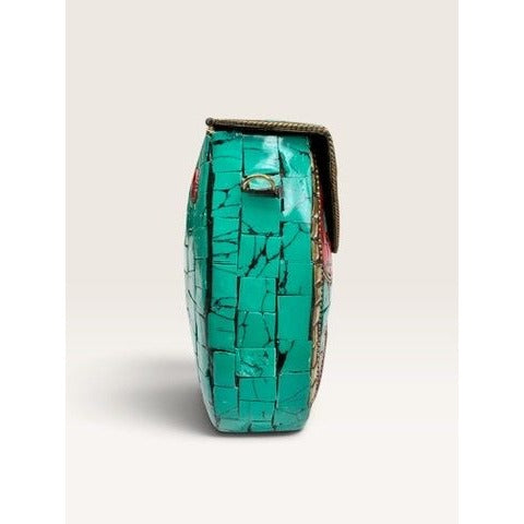 Antik Kraft Amoli Mosaic Stone Metal Clutch Crossbody Bag Turquoise Red Gold Good