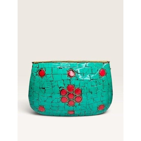 Antik Kraft Amoli Mosaic Stone Metal Clutch Crossbody Bag Turquoise Red Gold Good