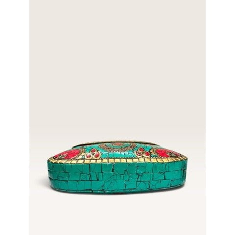 Antik Kraft Amoli Mosaic Stone Metal Clutch Crossbody Bag Turquoise Red Gold Good