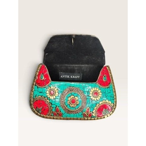 Antik Kraft Amoli Mosaic Stone Metal Clutch Crossbody Bag Turquoise Red Gold Good