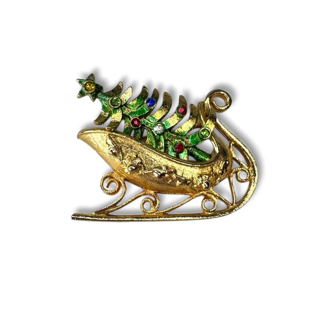 Mylu Vintage Sleigh Christmas Tree Brooch Crystals 1.75" Gold Tone