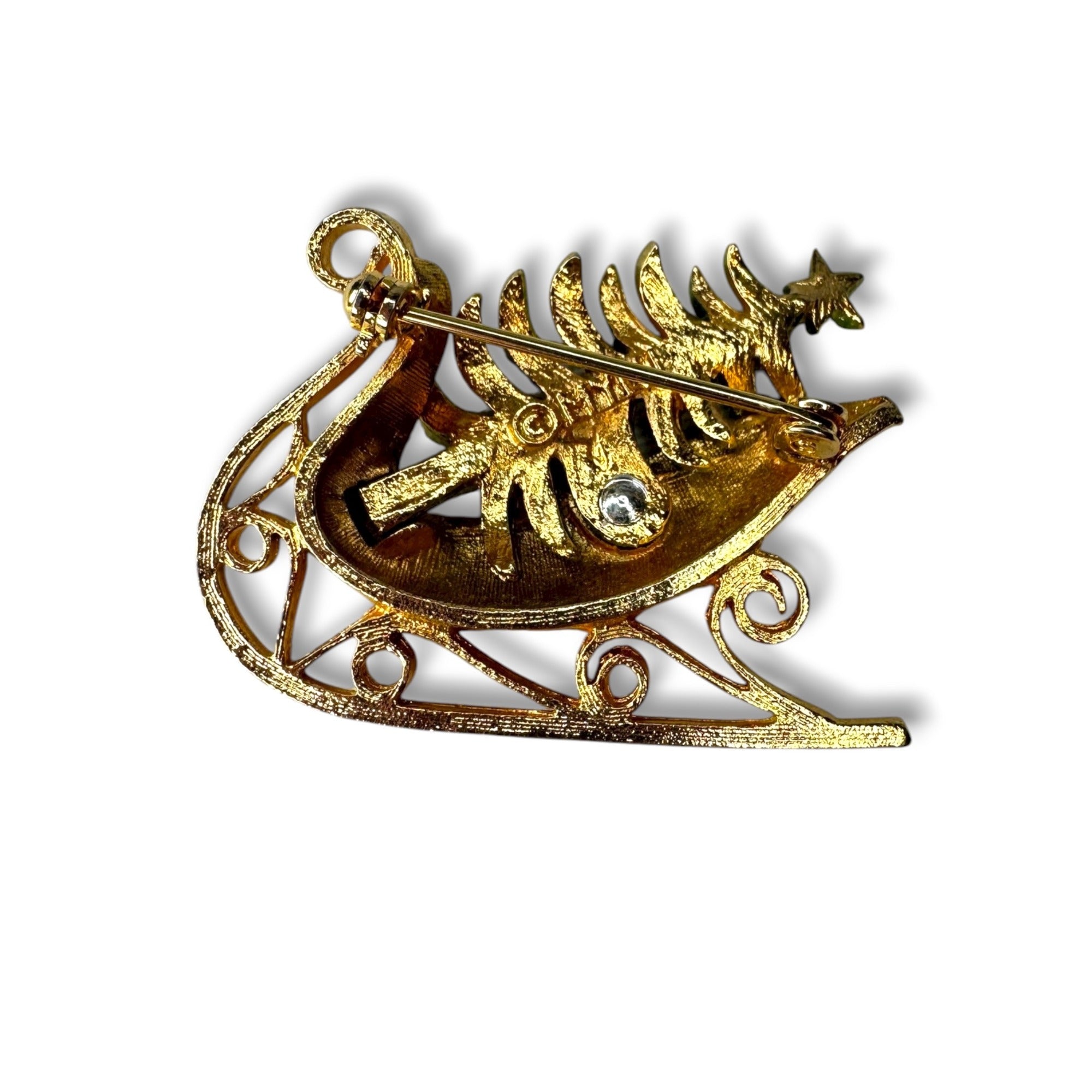 Mylu Vintage Sleigh Christmas Tree Brooch Crystals 1.75" Gold Tone