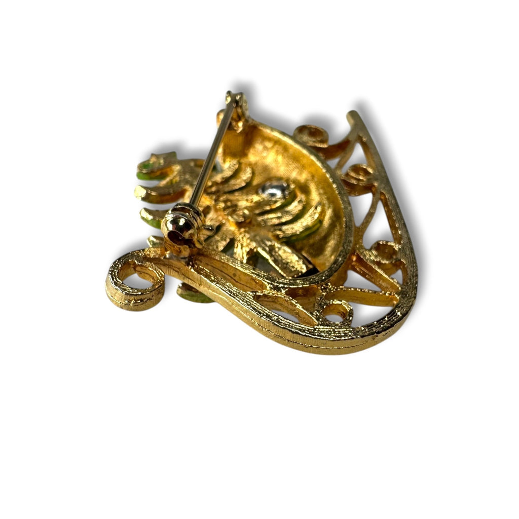 Mylu Vintage Sleigh Christmas Tree Brooch Crystals 1.75" Gold Tone