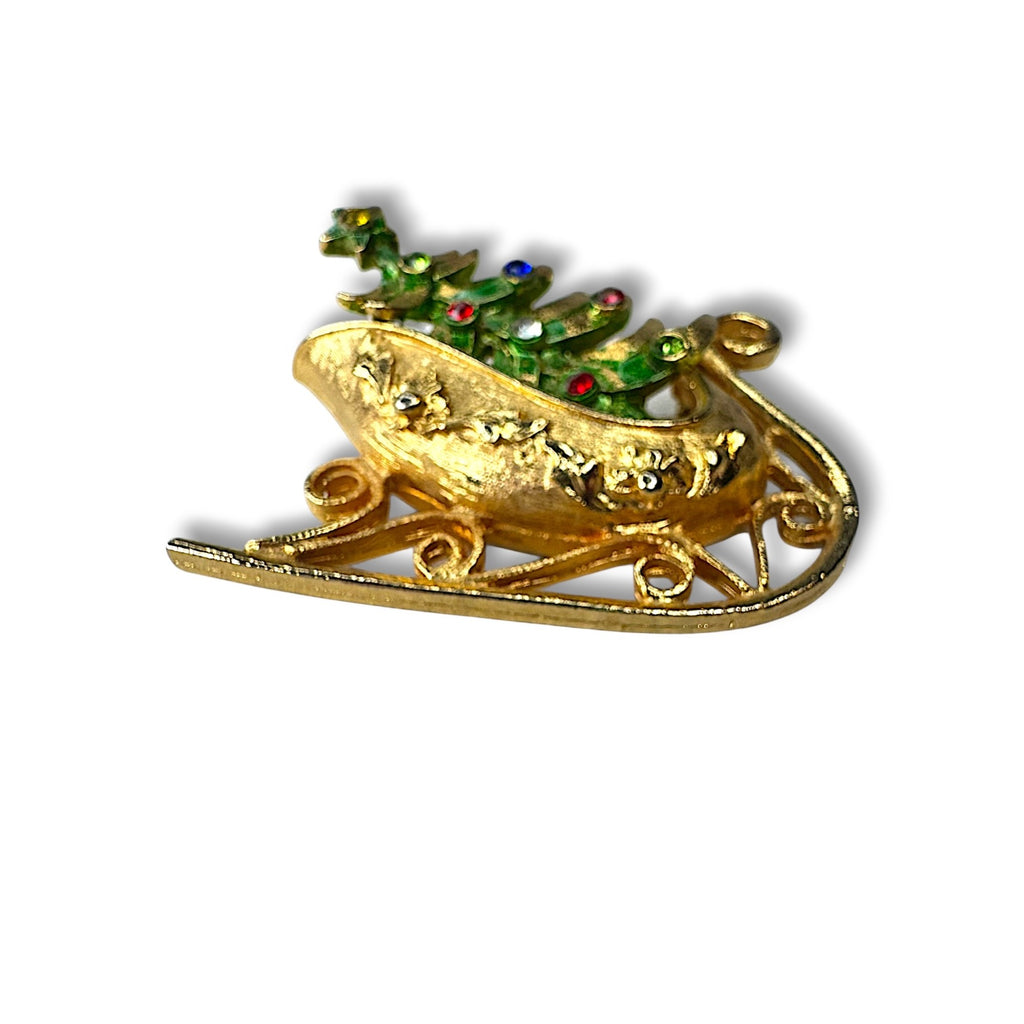Mylu Vintage Sleigh Christmas Tree Brooch Crystals 1.75" Gold Tone