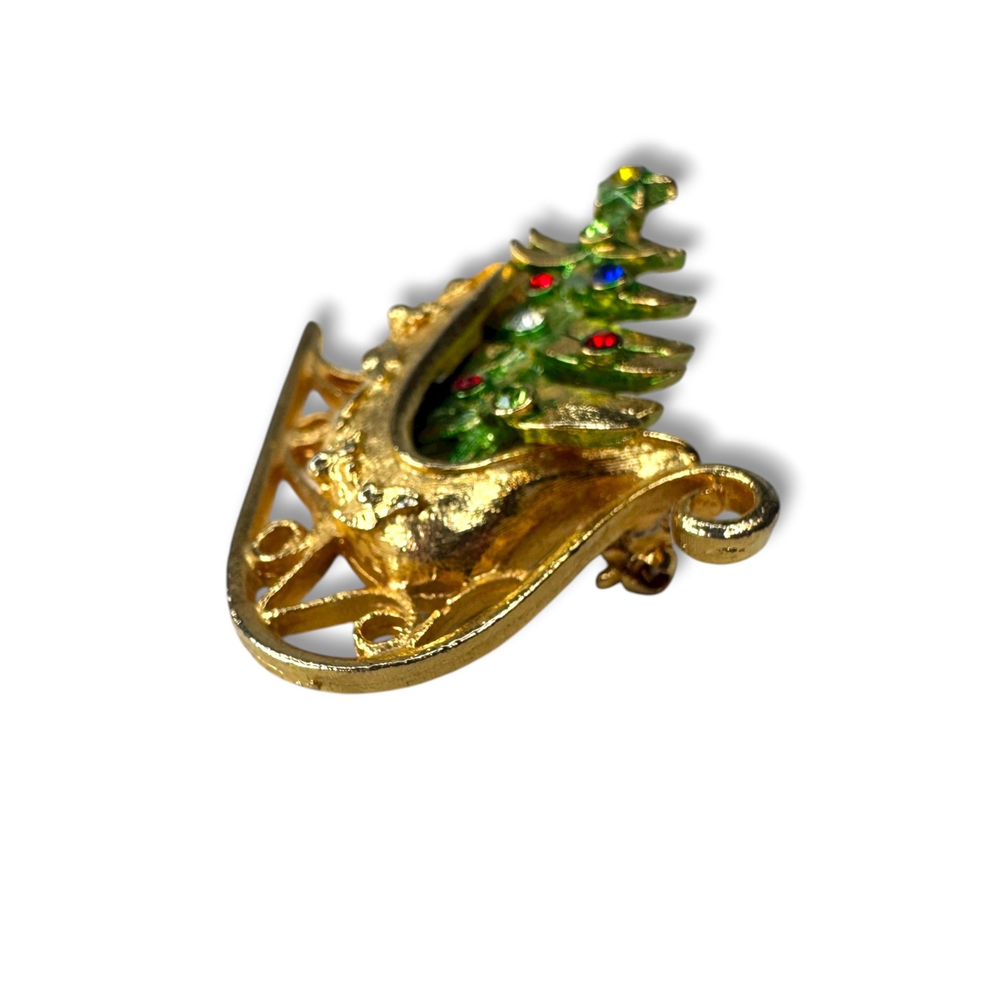Mylu Vintage Sleigh Christmas Tree Brooch Crystals 1.75" Gold Tone
