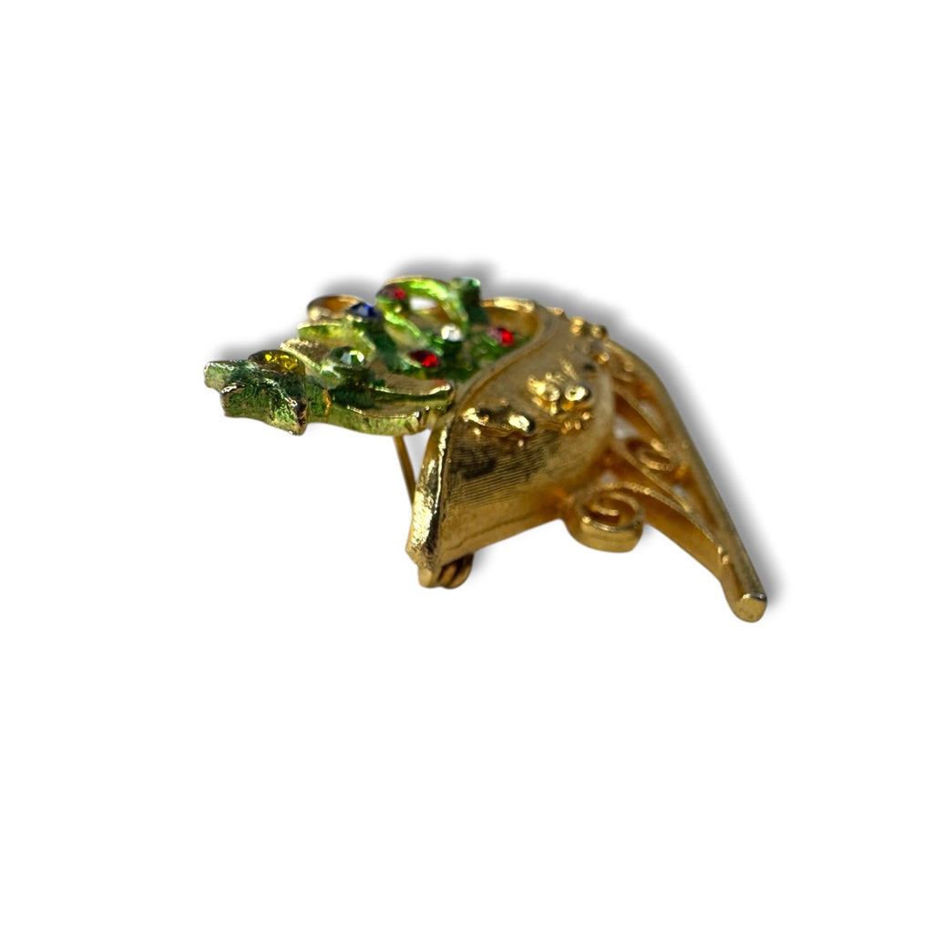 Mylu Vintage Sleigh Christmas Tree Brooch Crystals 1.75" Gold Tone