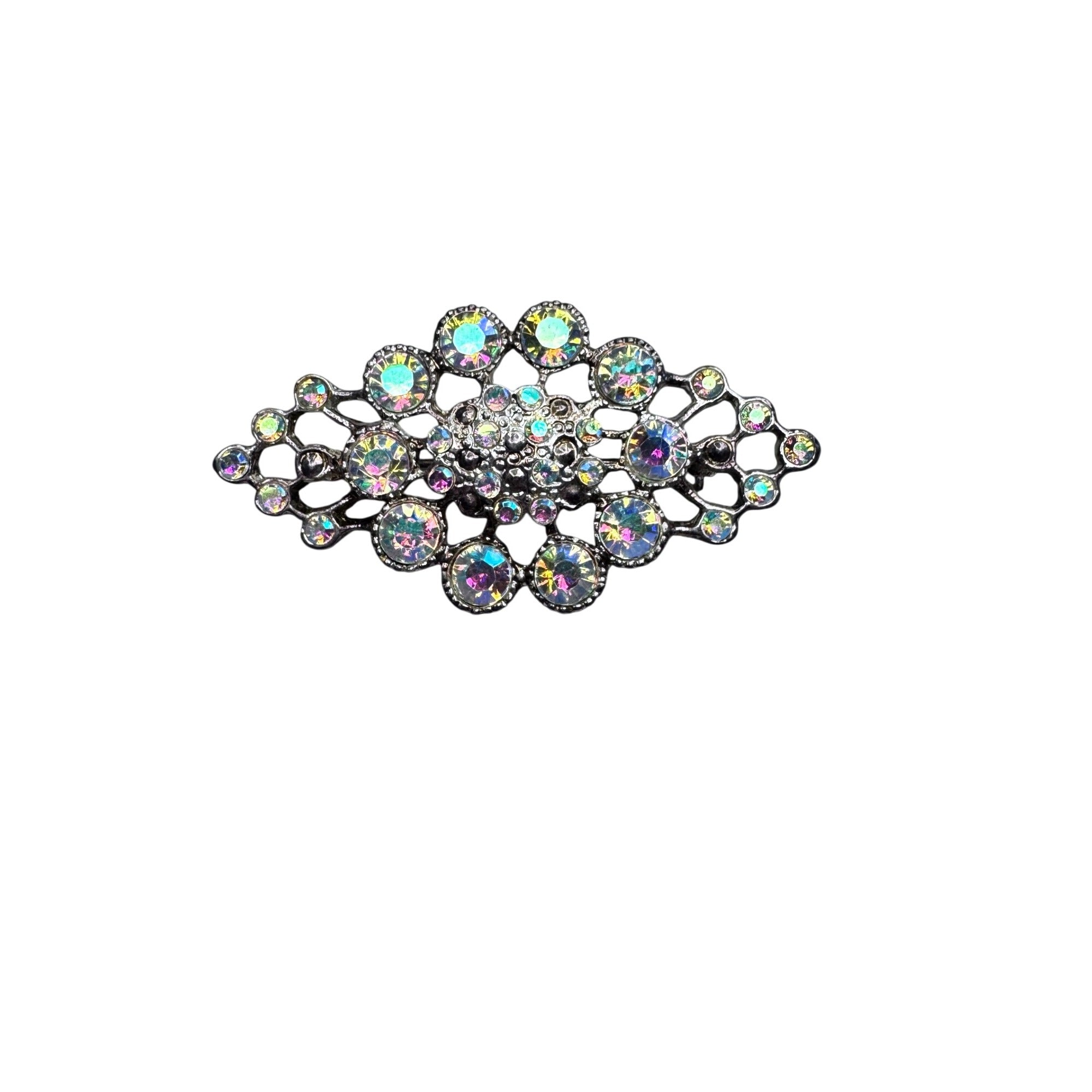 Vintage Unsigned AB Crystal Openwork Brooch Silvertone 2.43”