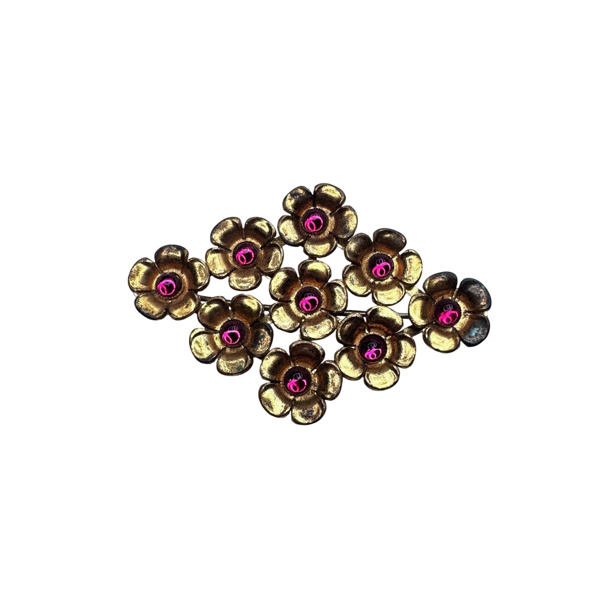 Vintage Unsigned Floral Cluster Brooch Pink Glass Cabochon Gold Tone 2.32”