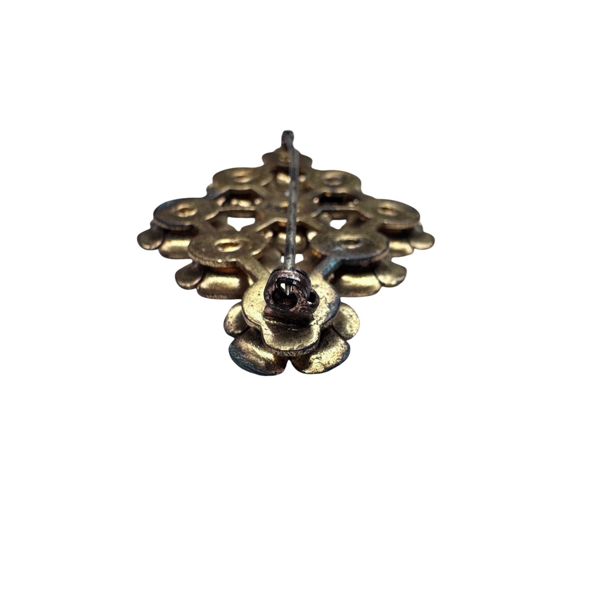 Vintage Unsigned Floral Cluster Brooch Pink Glass Cabochon Gold Tone 2.32”