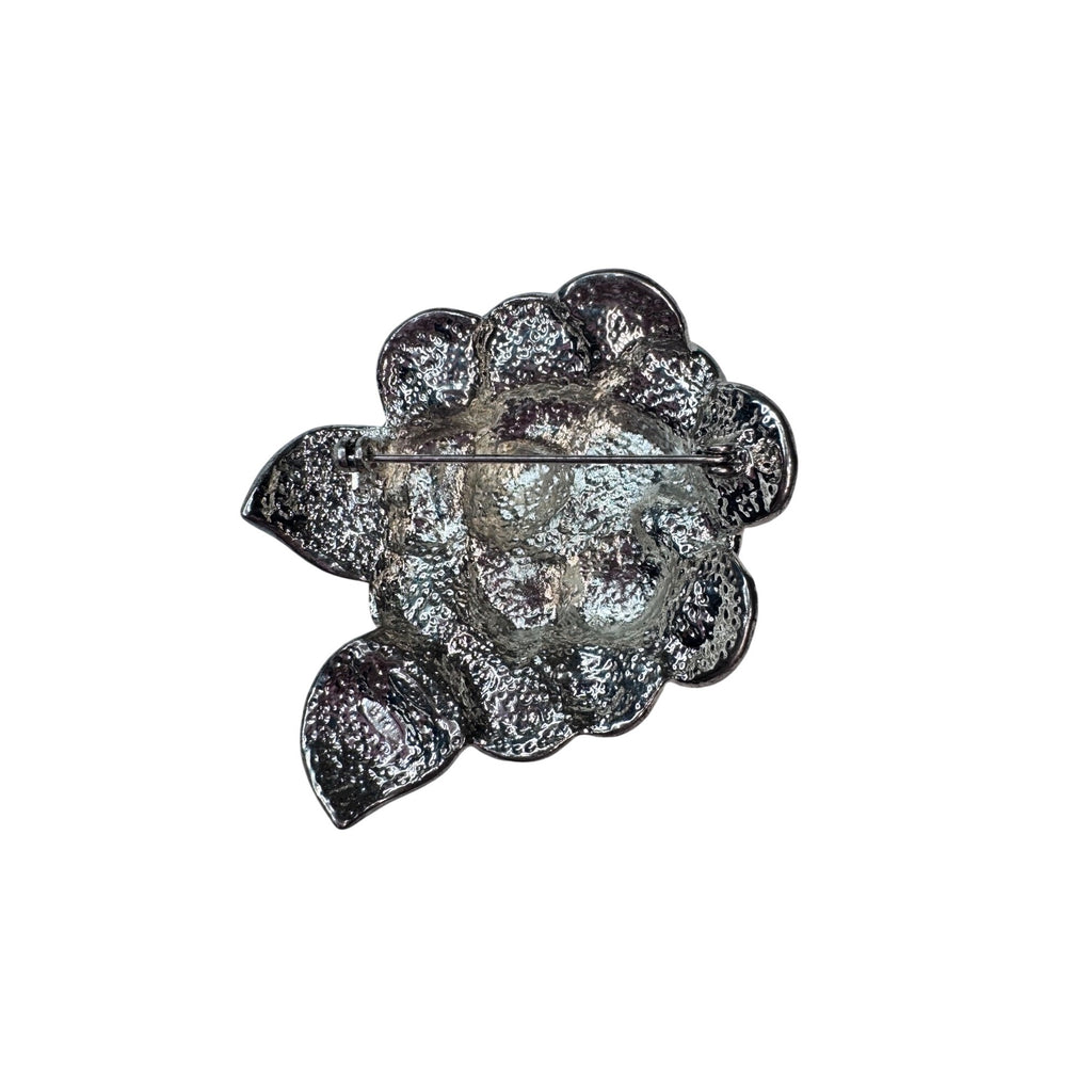 Vintage Pave Crystal Flower Brooch Black Clear Silver Tone 1980s