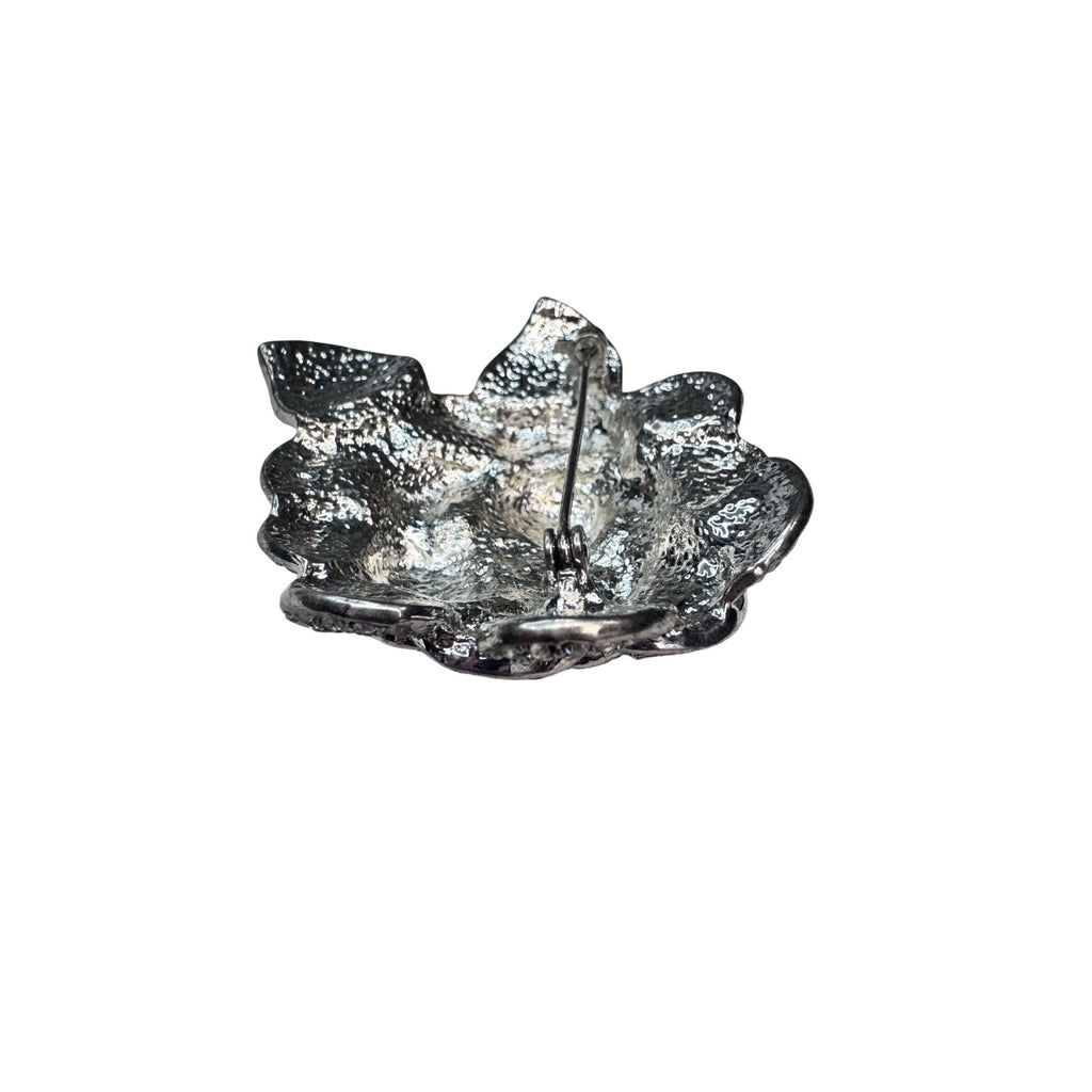Vintage Pave Crystal Flower Brooch Black Clear Silver Tone 1980s