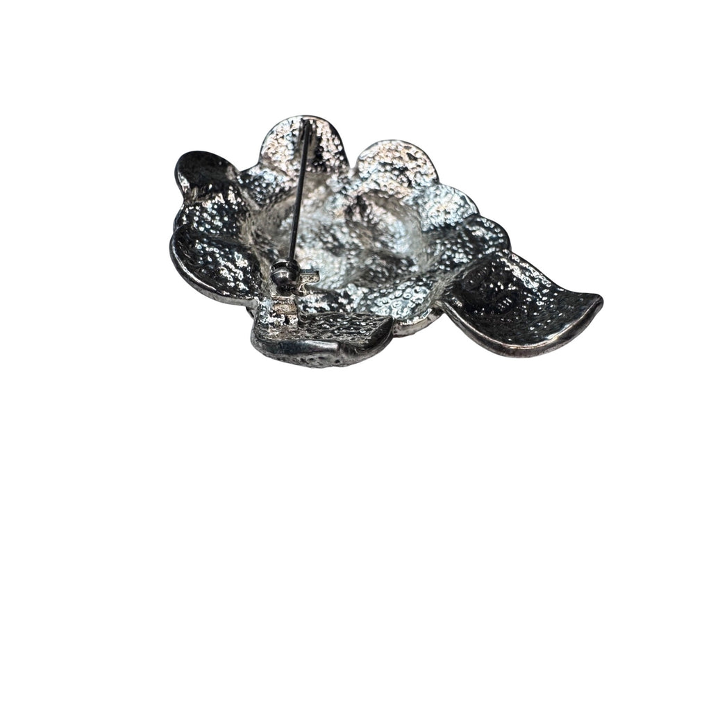 Vintage Pave Crystal Flower Brooch Black Clear Silver Tone 1980s