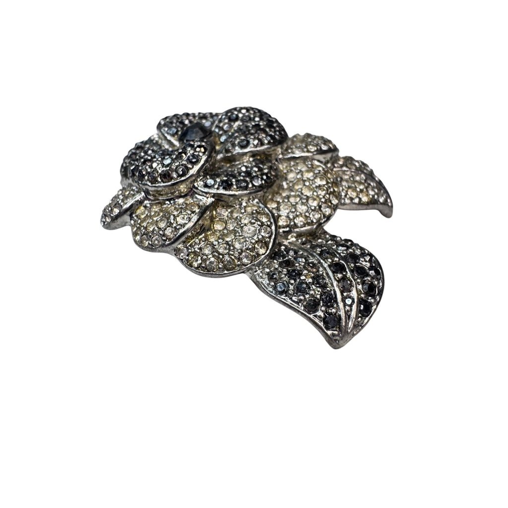 Vintage Pave Crystal Flower Brooch Black Clear Silver Tone 1980s