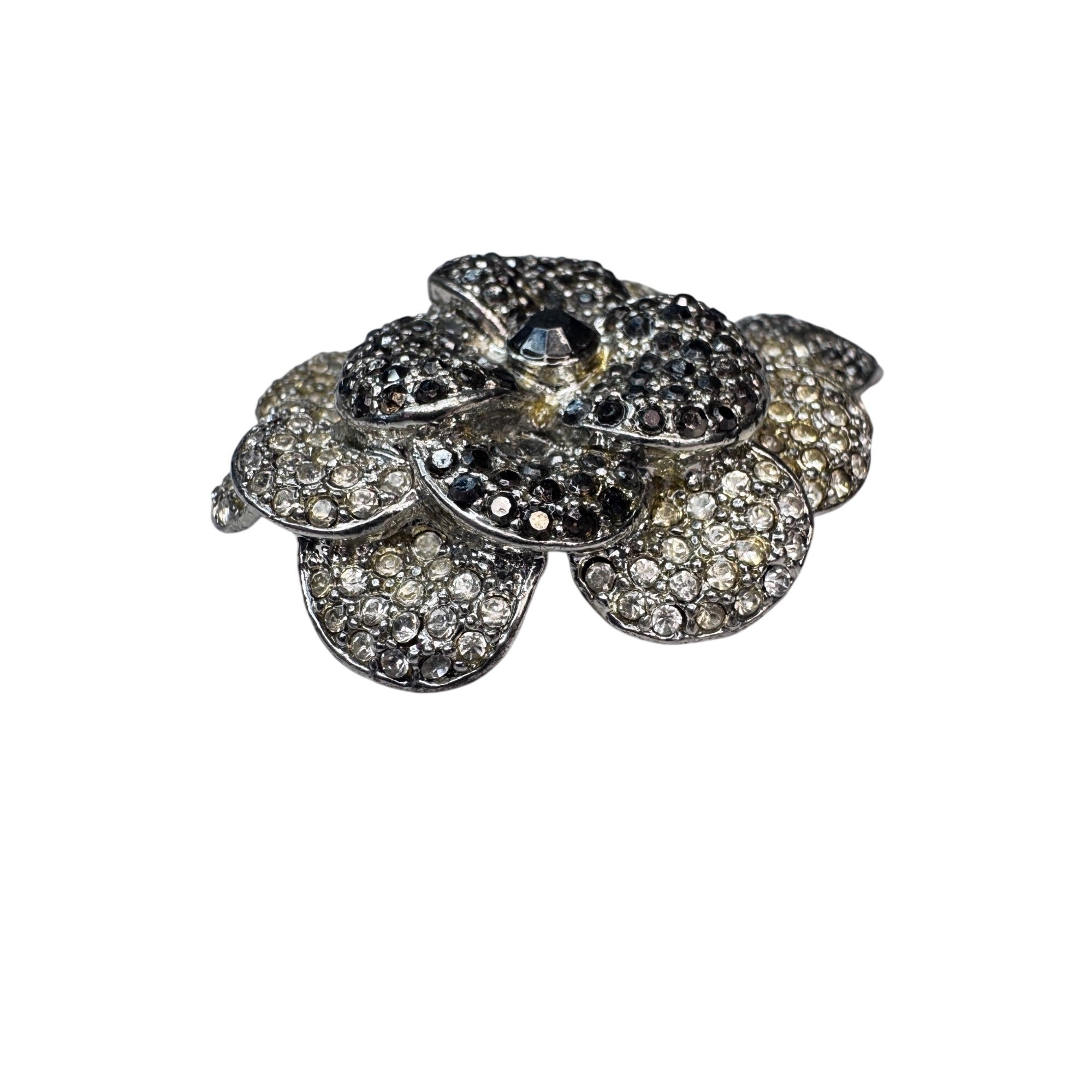 Vintage Pave Crystal Flower Brooch Black Clear Silver Tone 1980s