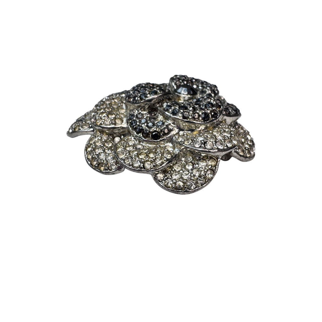 Vintage Pave Crystal Flower Brooch Black Clear Silver Tone 1980s