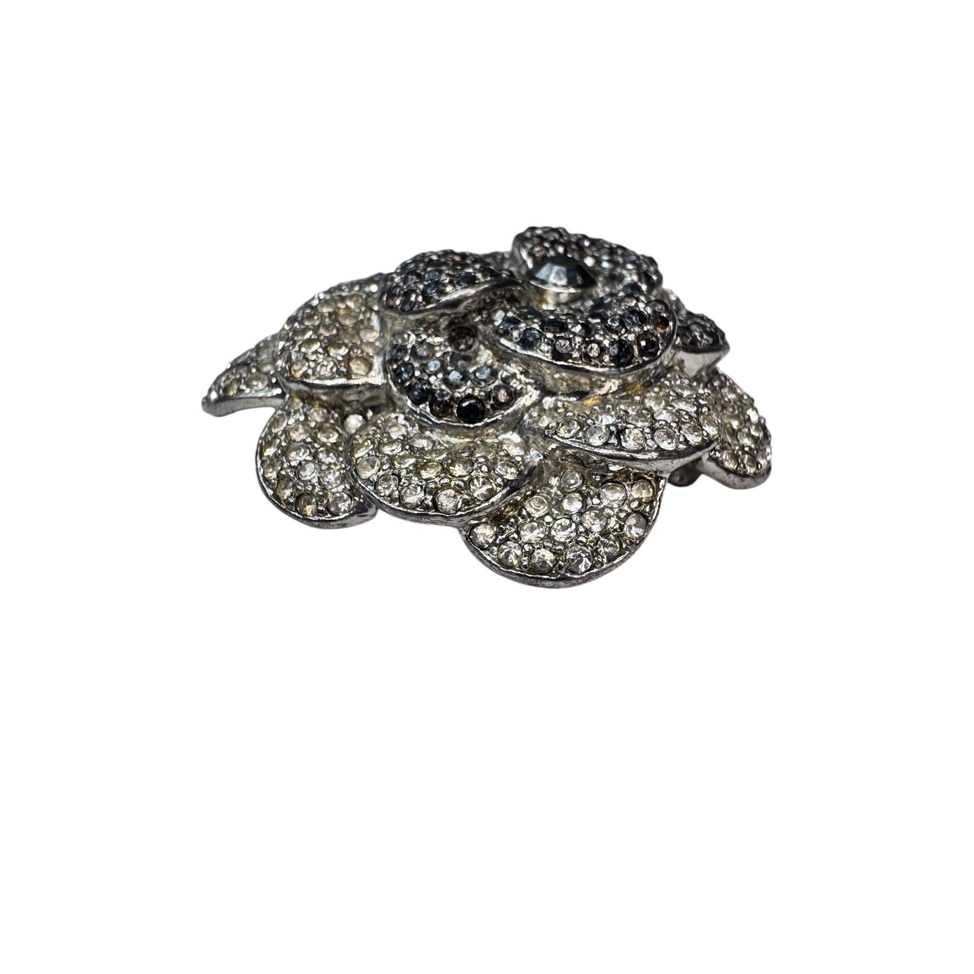 Vintage Pave Crystal Flower Brooch Black Clear Silver Tone 1980s